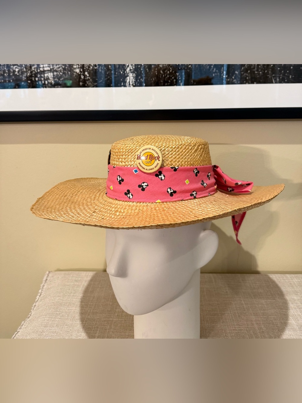 Vintage Disney Character Fashions Straw Sun Hat Mickey Mouse Pink Band Adults